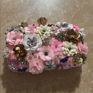 Pink and Cream Floral Embellished Clutch with Rhinestone Accents
